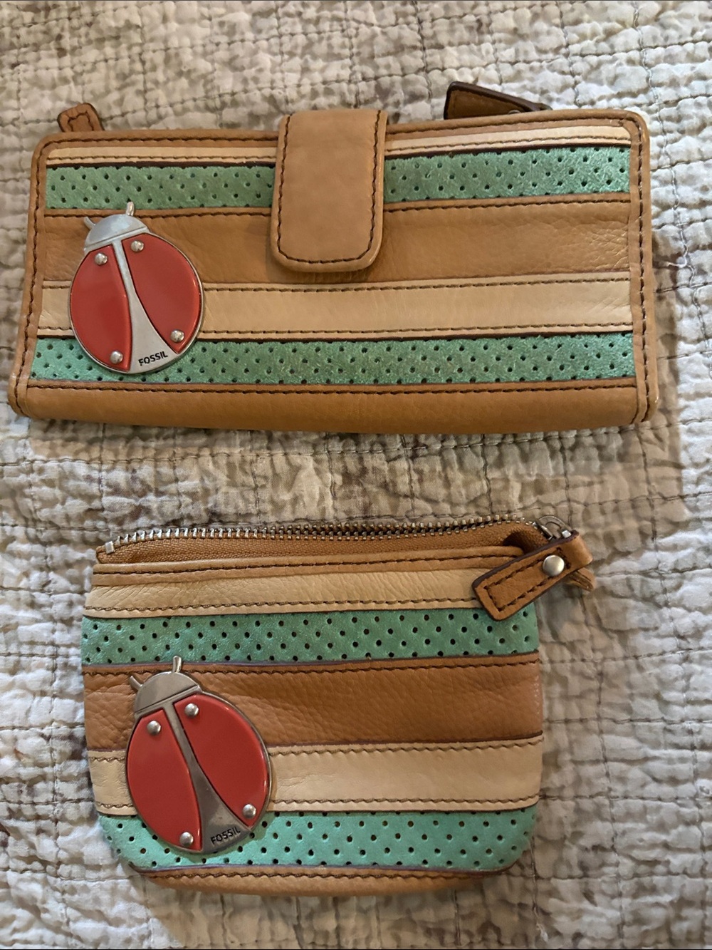 Fossil Tan, Mint & Cream Leather Wallet and Coin Pouch Set